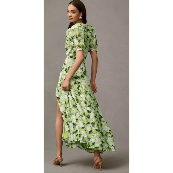 BHLDN x Anthropologie Puff Sleeve Bow Front V-Neck Floral Maxi Dress Green Slit - Picture 3 of 3
